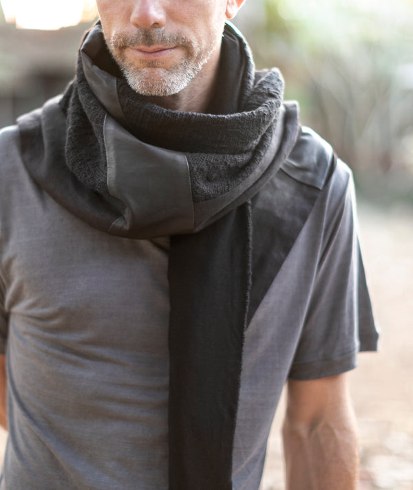 Handmade linen shawl with leather details. leather scarf.