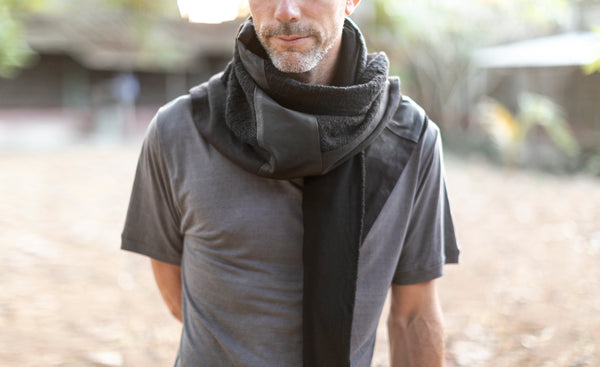 Handmade linen shawl with leather details. leather scarf.