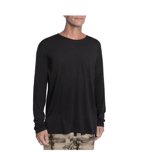 Relax fit long sleeve men's shirt crafted from light weight bamboo-cotton blend.  With 2 asymmetrical seam lines on its front, and 1 vertical seam running down its back this men's shirt is simple yet unique and original.