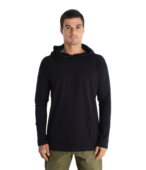 Long sleeve hoody shirt crafted from light weight certified organic cotton.  Men Hoody.  The  Shibori version is hand dyed with plants.
