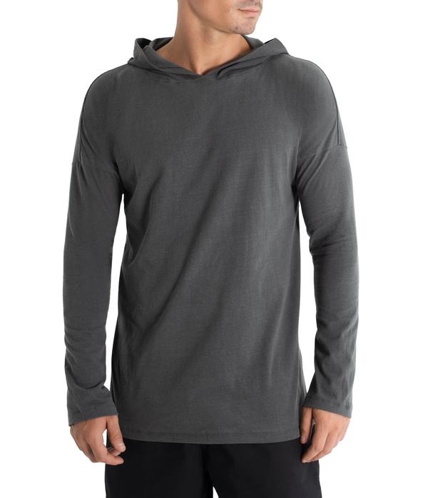 Long sleeve hoody shirt crafted from light weight certified organic cotton.  The  Shibori version is hand dyed with plants.