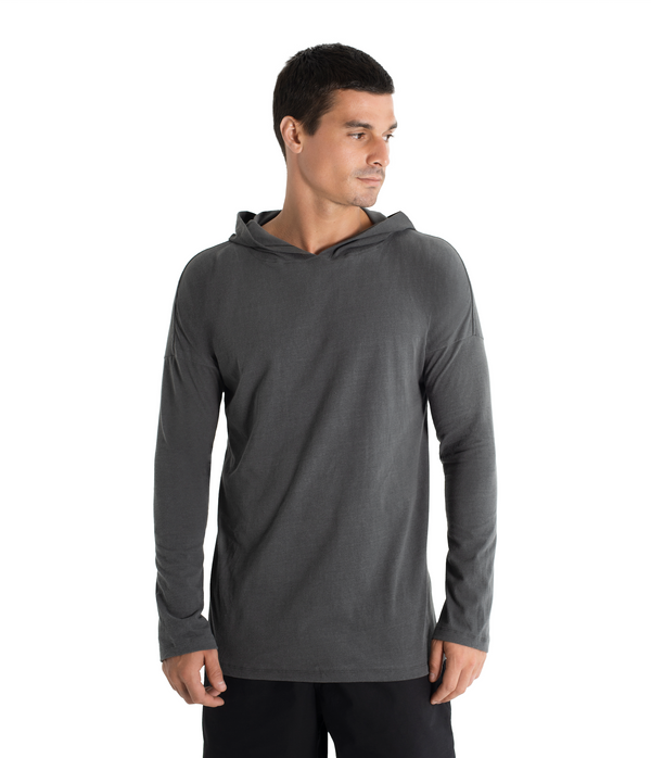 Long sleeve hoody shirt crafted from light weight certified organic cotton.  Men Hoody.  The  Shibori version is hand dyed with plants.