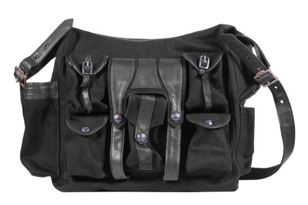 Shoulder bag, with leather strap & multiple pockets.