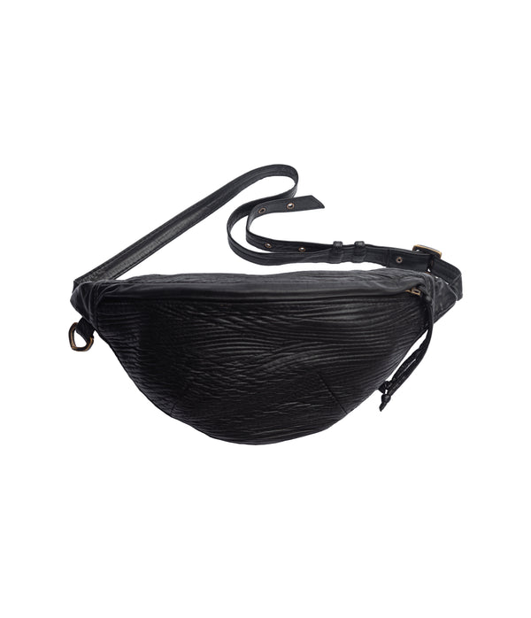 Leather fanny pack. Compact, adjustable leather waist bag designed to carry a wallet, an iphone, a few miscellaneous items and some keys.