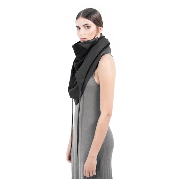 Handmade linen shawl with leather details. leather scarf.