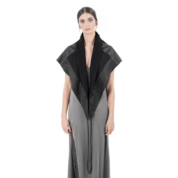 Handmade linen shawl with leather details. leather scarf.