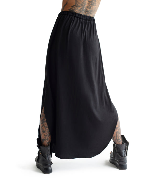 long skirt. Made of ultra soft bamboo & GOTS certified organic cotton blend.  Approx 39" from waist to ground. Made in Small Batches.  Elastic waist band with tie strings finished with custom metal caps.