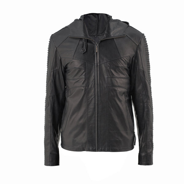 slim fitting hooded sheep leather jacket with layered scales down the arms.