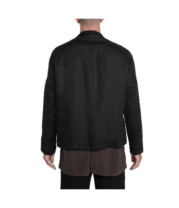 Men kimono style jacket crafted from 100% linen,  featuring ribbed detail down the sleeves, 3 front-tie fastening and 2 front pockets.