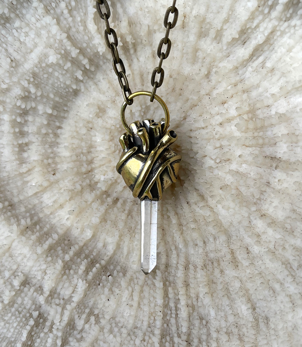 heart pendant with quartz crystal. brass heart. anatomical heart necklace.t