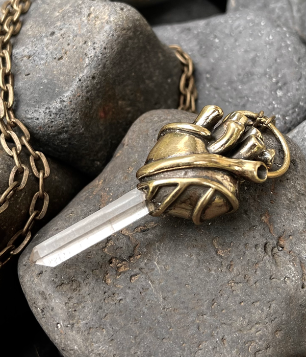 heart pendant with quartz crystal. brass heart. anatomical heart necklace.t