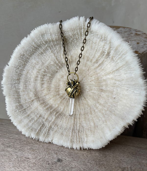 heart pendant with quartz crystal. brass heart. anatomical heart necklace.t
