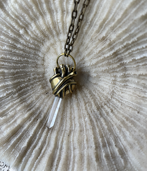 heart pendant with quartz crystal. brass heart. anatomical heart necklace.t