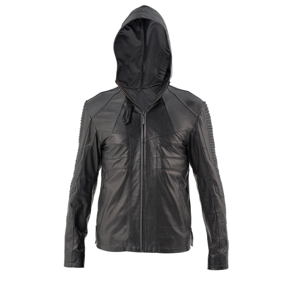slim fitting hooded sheep leather jacket with layered scales down the arms.