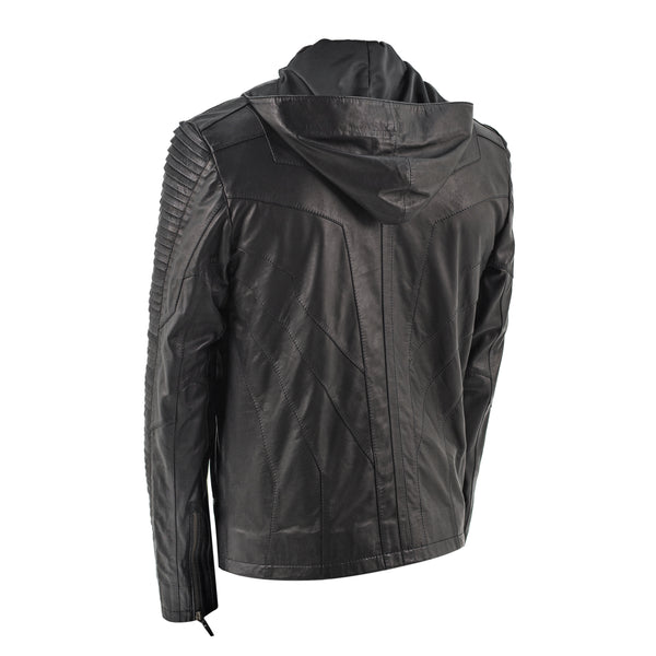 slim fitting hooded sheep leather jacket with layered scales down the arms.