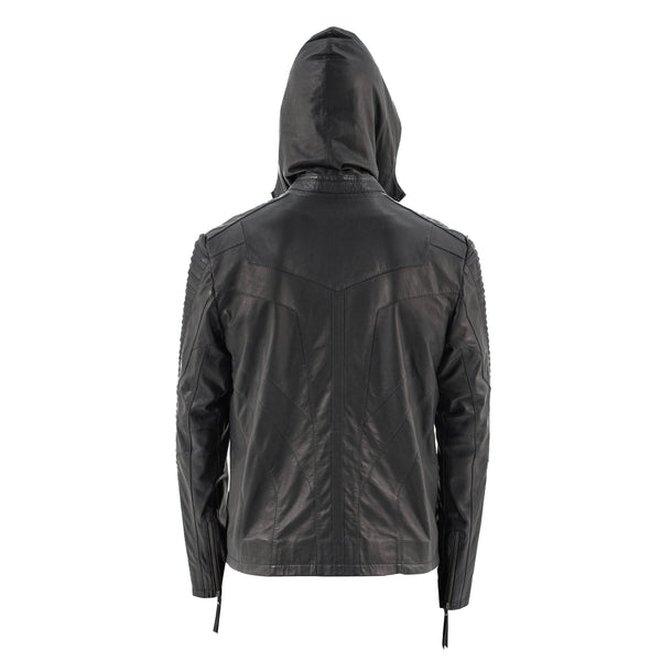 slim fitting hooded sheep leather jacket with layered scales down the arms.