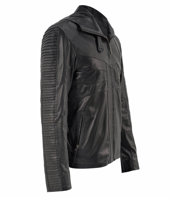 slim fitting hooded sheep leather jacket with layered scales down the arms.