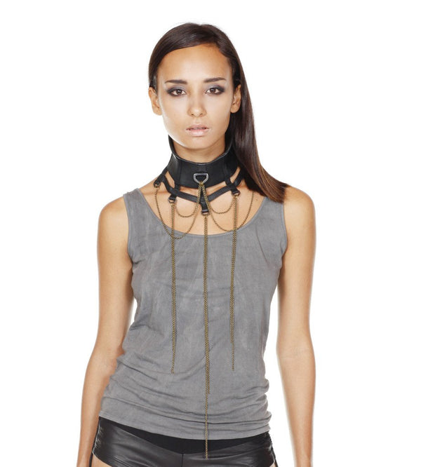 leather collar, chocker neck piece with chains.