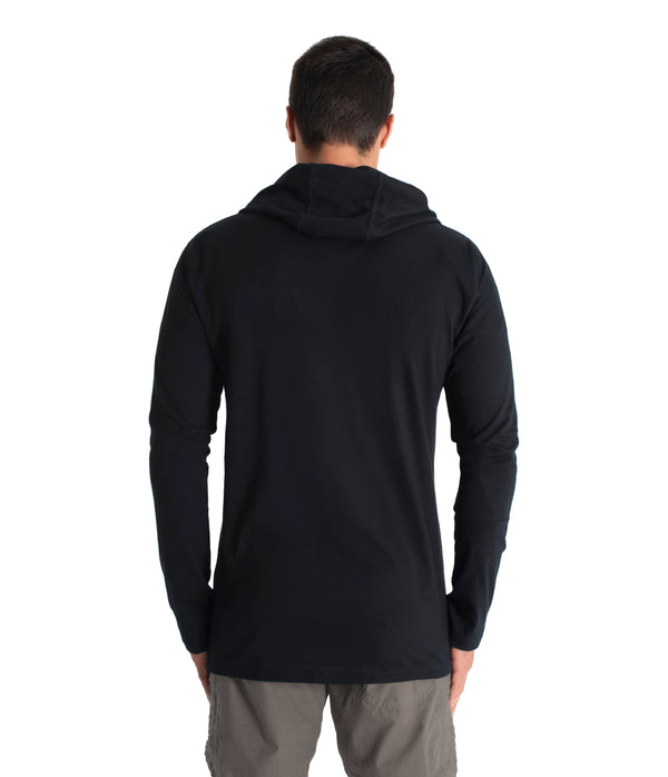 Person wearing a black hoodie from behind on a white background