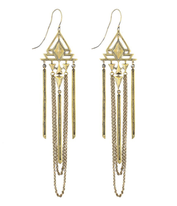 Gold geometric art deco earrings with chain details on a white background