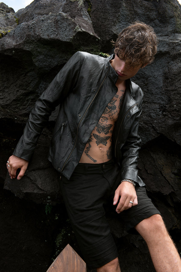 Punk double lapel washed leather jacket with hand stitched detail