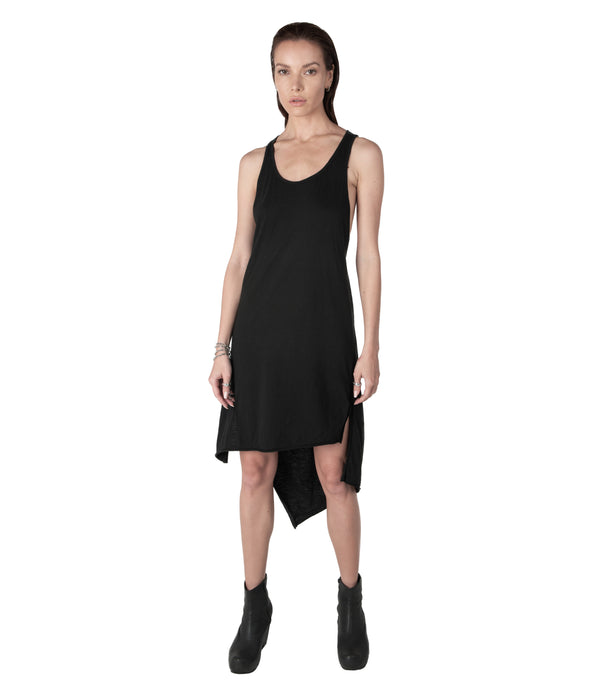 Easy to wear relax fit asymmetrical tank dress made of very soft bamboo cotton blend.