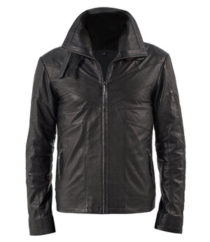 slim fitting sheep leather jacket. with high collar, detailed back stitching. zippers on the cuffs, leather trimmed inside pocket. zippered outside pockets. high collar features two of our hand cast brass buckles. Finishing touches include black lining with a silver print