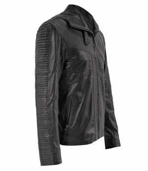 slim fitting hooded sheep leather jacket with layered scales down the arms. 